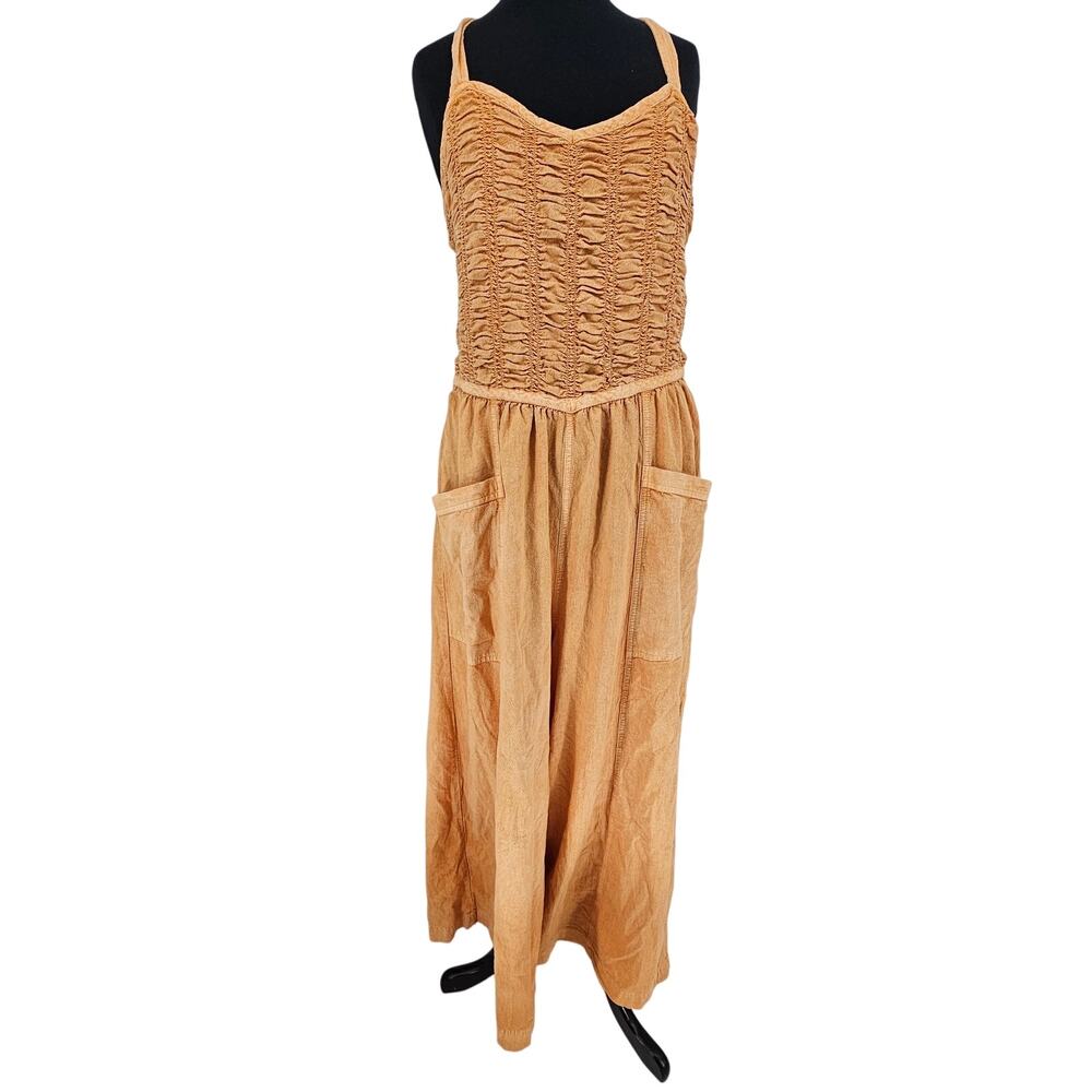 Free People Forever Always Melo Pearl Smocked Tie Back Wide Leg Boho Jumpsuit L - Picture 2 of 13